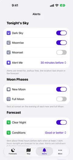 Starglow alerts: Tonight's Sky, Moon phases, Clear Night with Good or better conditions, and ISS pass