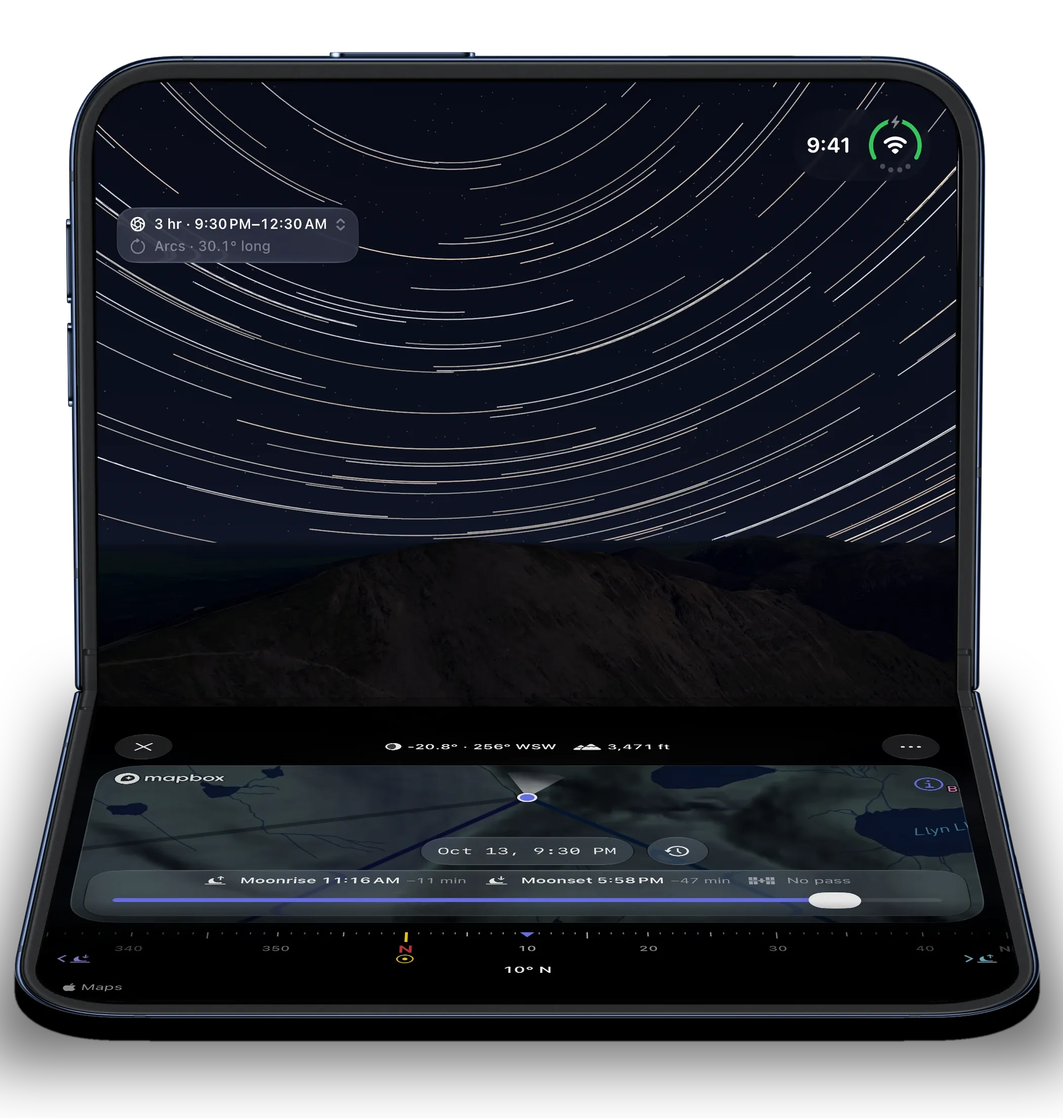 Star Trails on iPhone Duo: a three-hour exposure from 9:30 PM to 12:30 AM facing north from the summit of Snowdon, with the star arcs drawn over the ridge