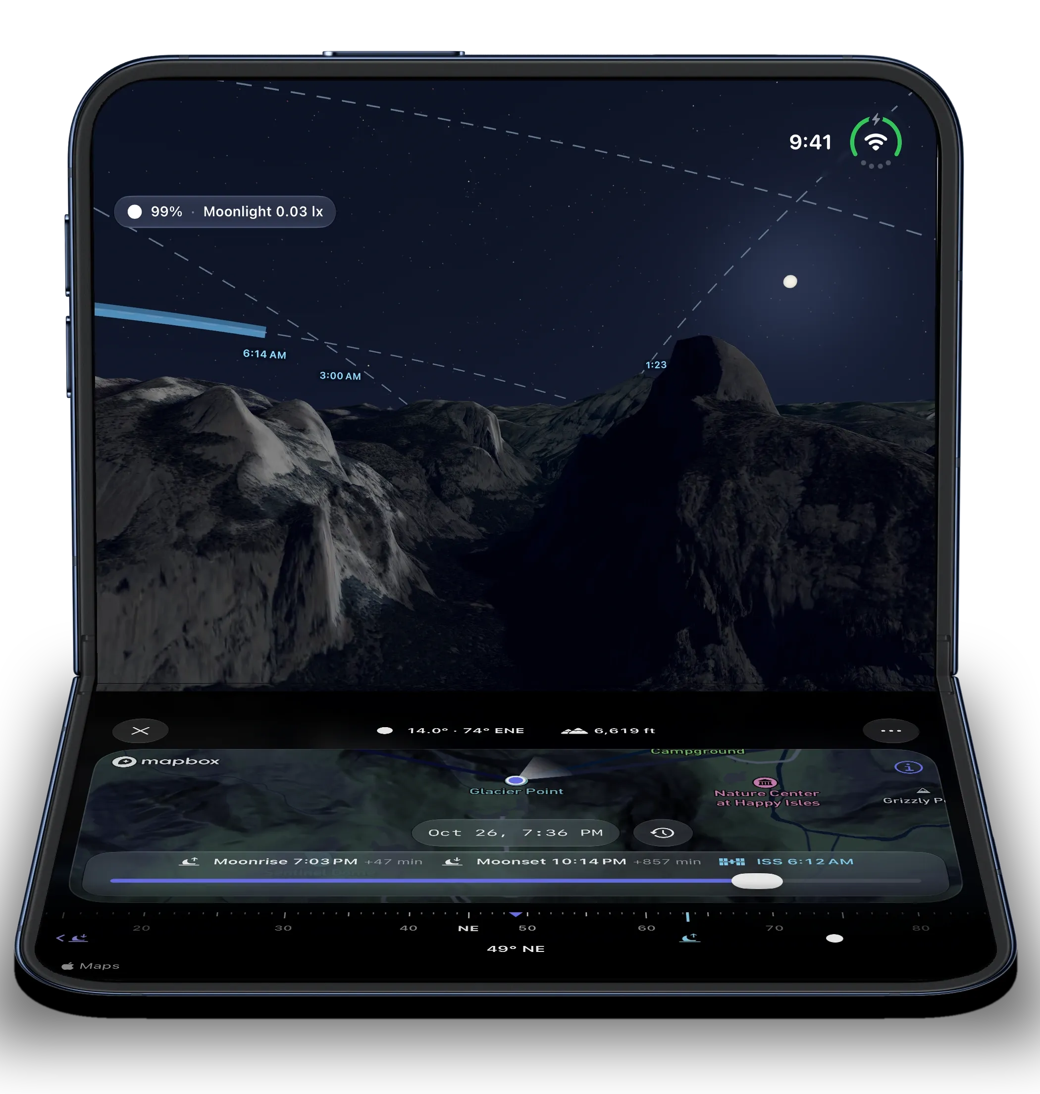 Vantage Point on iPhone Duo at Glacier Point, Yosemite: Half Dome at night under a 99% Moon, with moonrise, moonset and an ISS pass marked