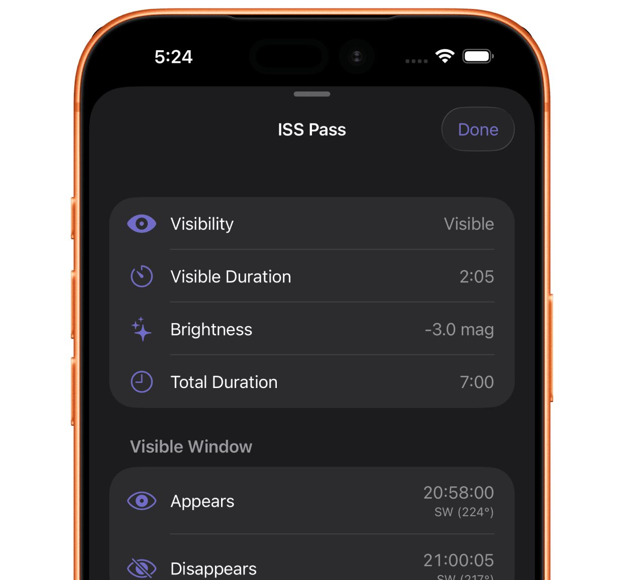 ISS Pass details showing visibility, duration, brightness, and visible window
